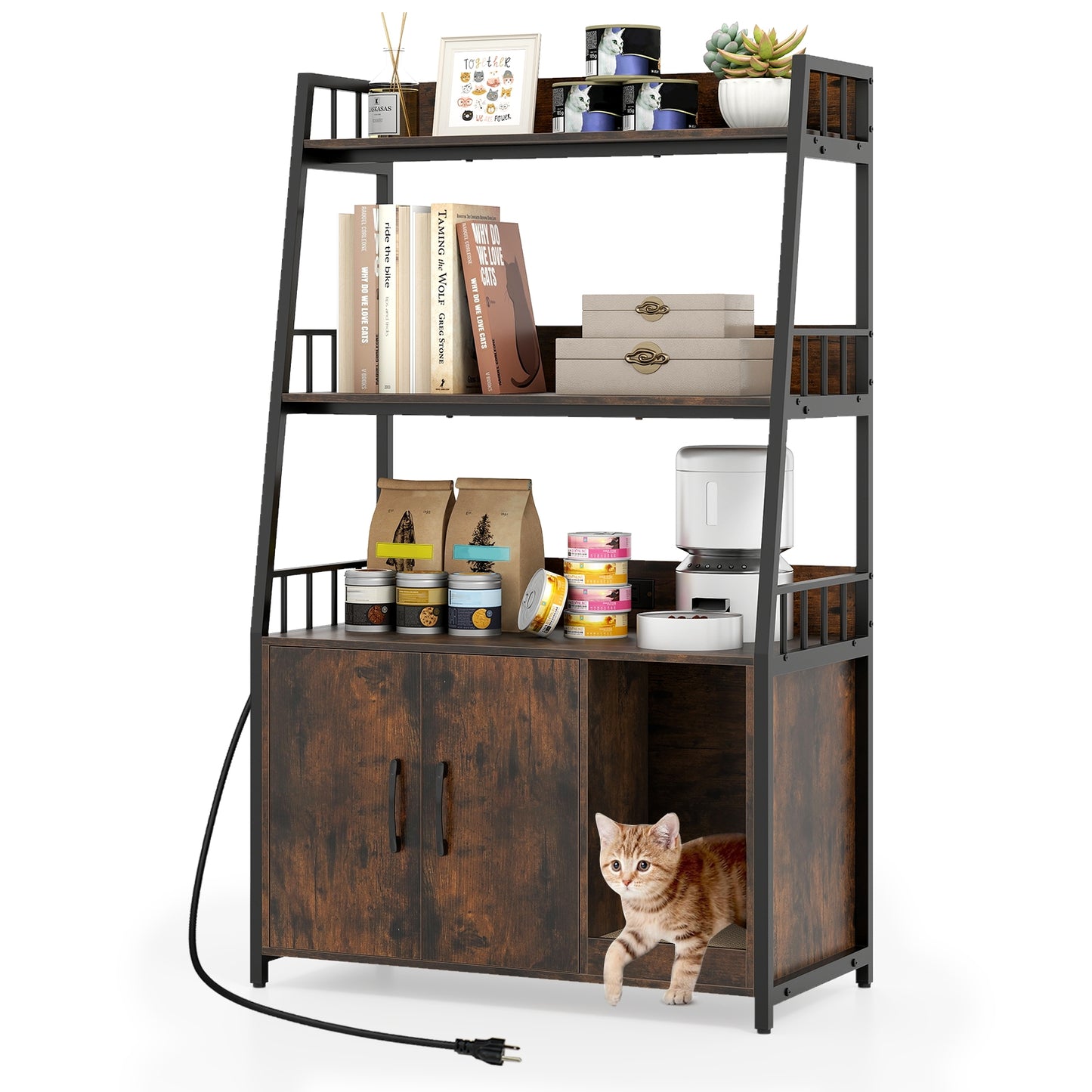 Cat Litter Box Enclosure with Storage Shelves and Scratching Pad, Rustic Brown Cat Houses at Gallery Canada