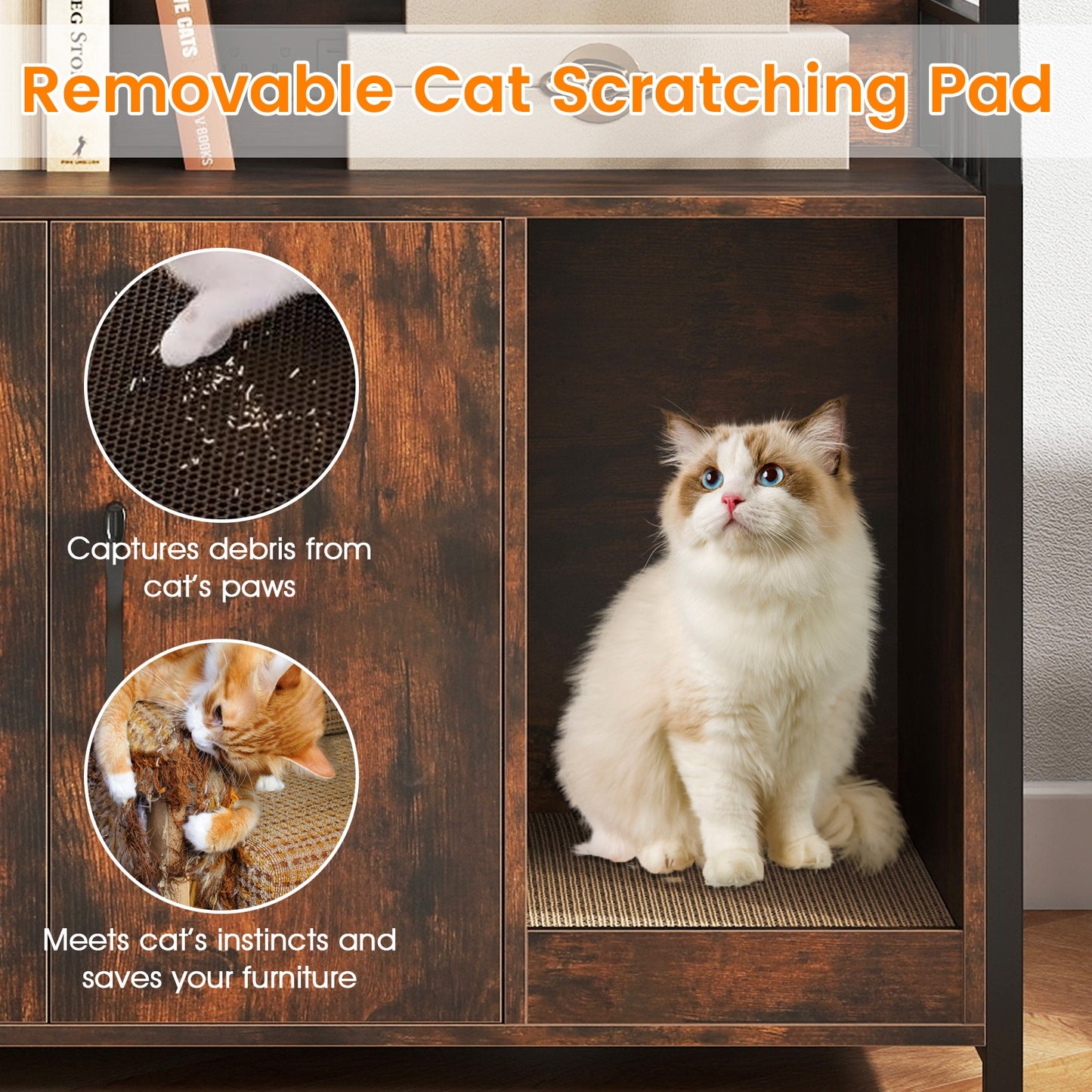 Cat Litter Box Enclosure with Storage Shelves and Scratching Pad, Rustic Brown Cat Houses at Gallery Canada