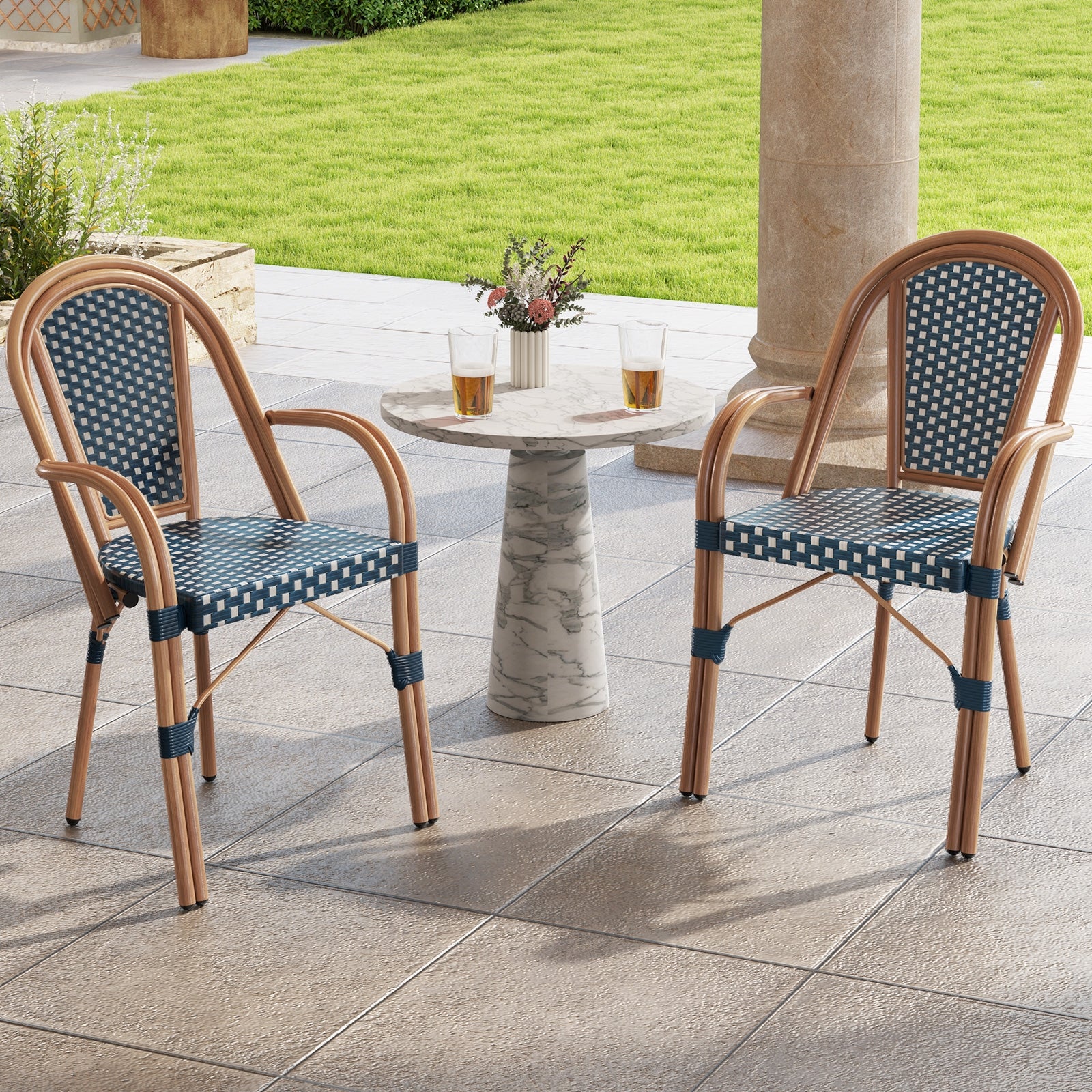 Hand-Woven PE Wicker Outdoor French Bistro Chairs Set of 2, Blue Patio Dining Chairs at Gallery Canada