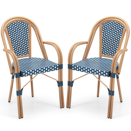 Hand-Woven PE Wicker Outdoor French Bistro Chairs Set of 2, Blue