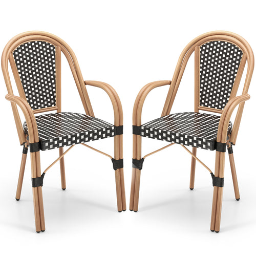 Hand-Woven PE Wicker Outdoor French Bistro Chairs Set of 2, Black