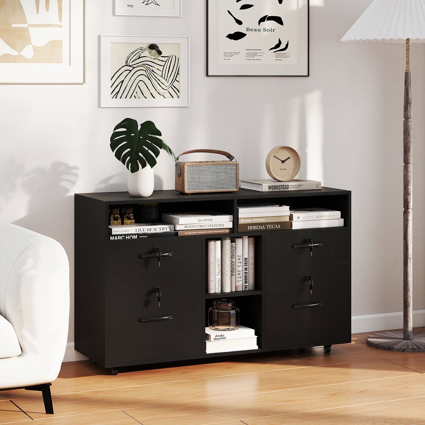 File Cabinet with Lock Mobile Lateral Filing Storage Organizer Modern Rolling Printer Stand, Black File Cabinets at Gallery Canada