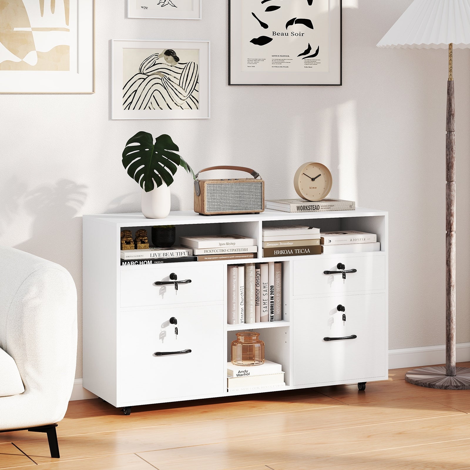 File Cabinet with Lock Mobile Lateral Filing Storage Organizer Modern Rolling Printer Stand, White File Cabinets at Gallery Canada