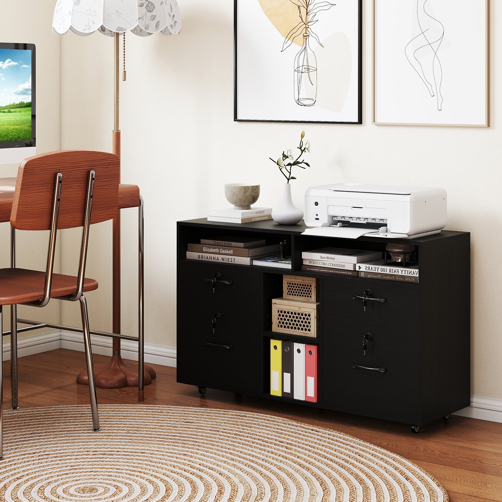 Mobile Lateral File Cabinet With Lock, Rolling Printer Stand, Black File Cabinets at Gallery Canada