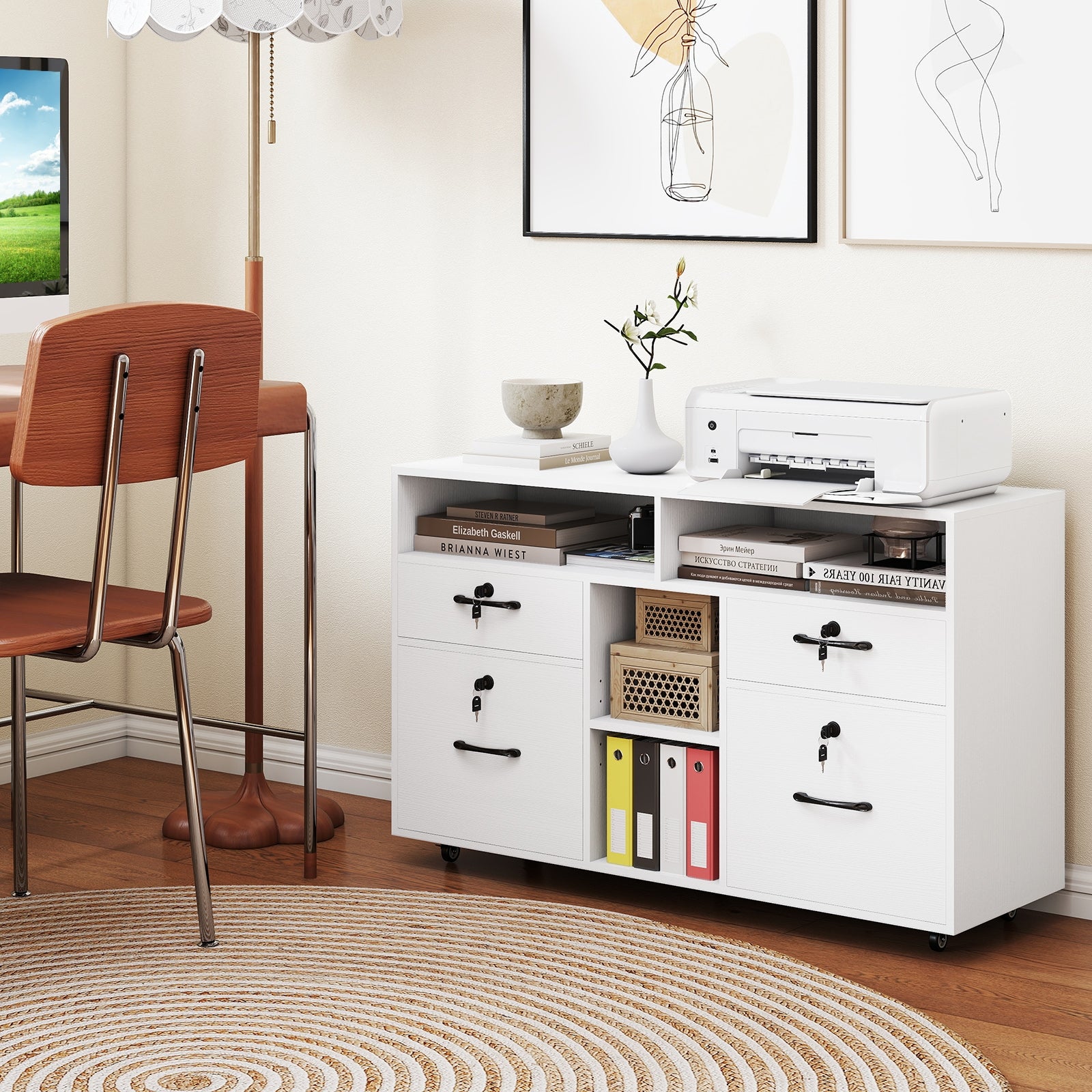 File Cabinet with Lock Mobile Lateral Filing Storage Organizer Modern Rolling Printer Stand, White File Cabinets at Gallery Canada