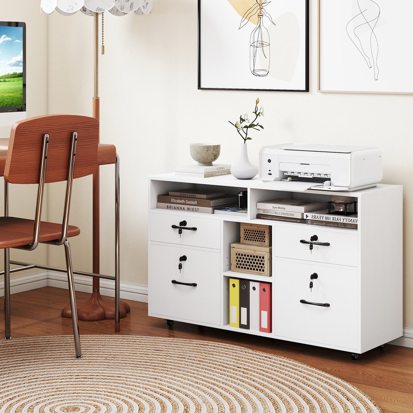 File Cabinet with Lock Mobile Lateral Filing Storage Organizer Modern Rolling Printer Stand, White File Cabinets at Gallery Canada