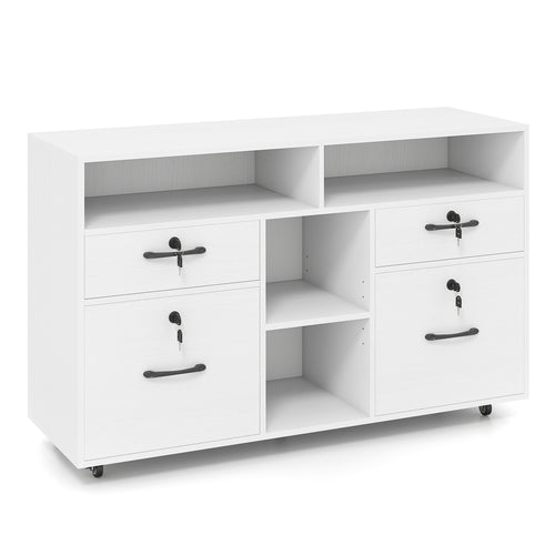 File Cabinet with Lock Mobile Lateral Filing Storage Organizer Modern Rolling Printer Stand, White