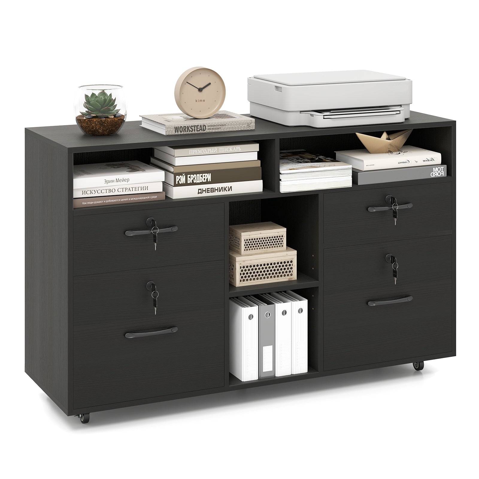 File Cabinet with Lock Mobile Lateral Filing Storage Organizer Modern Rolling Printer Stand, Black File Cabinets at Gallery Canada