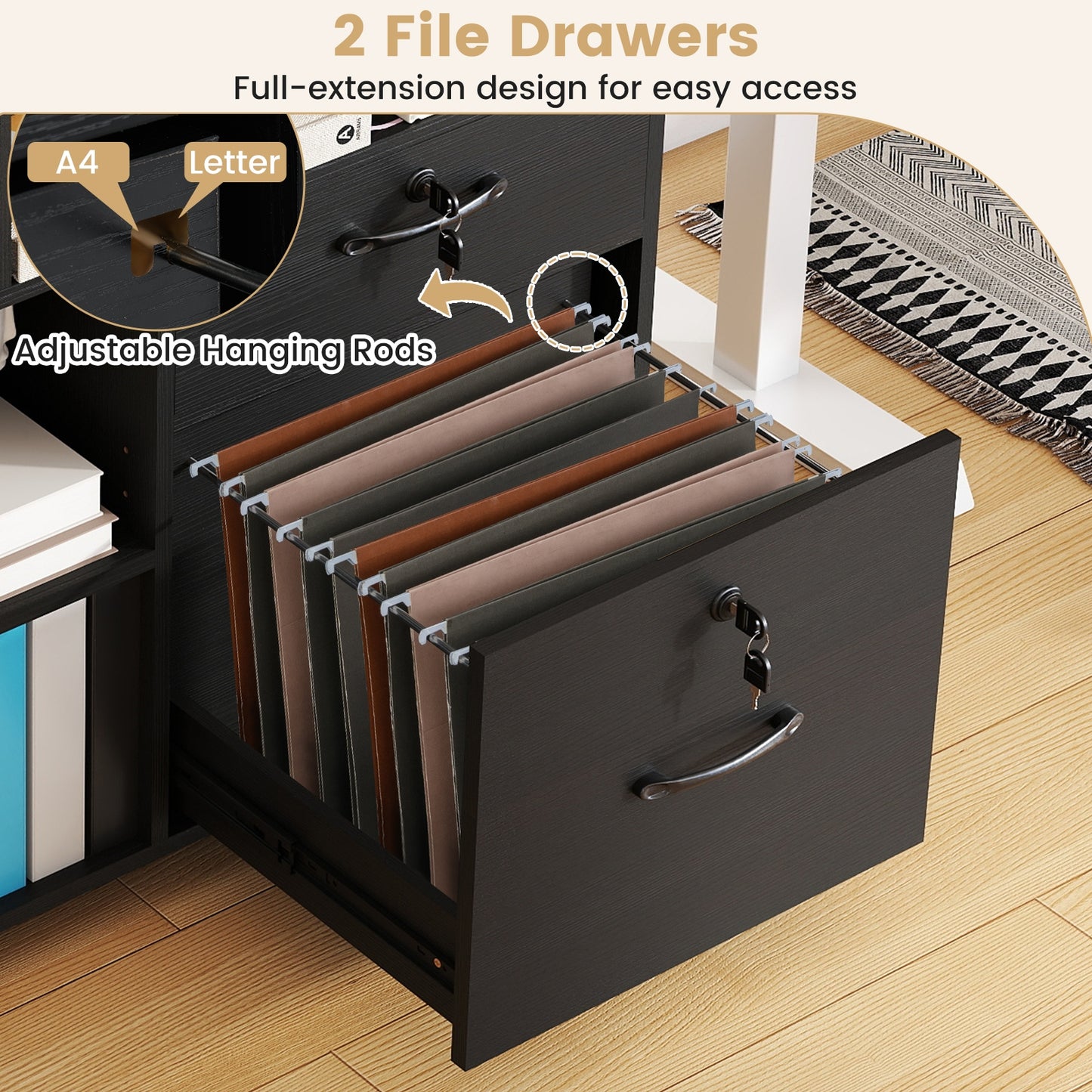 File Cabinet with Lock Mobile Lateral Filing Storage Organizer Modern Rolling Printer Stand, Black File Cabinets at Gallery Canada
