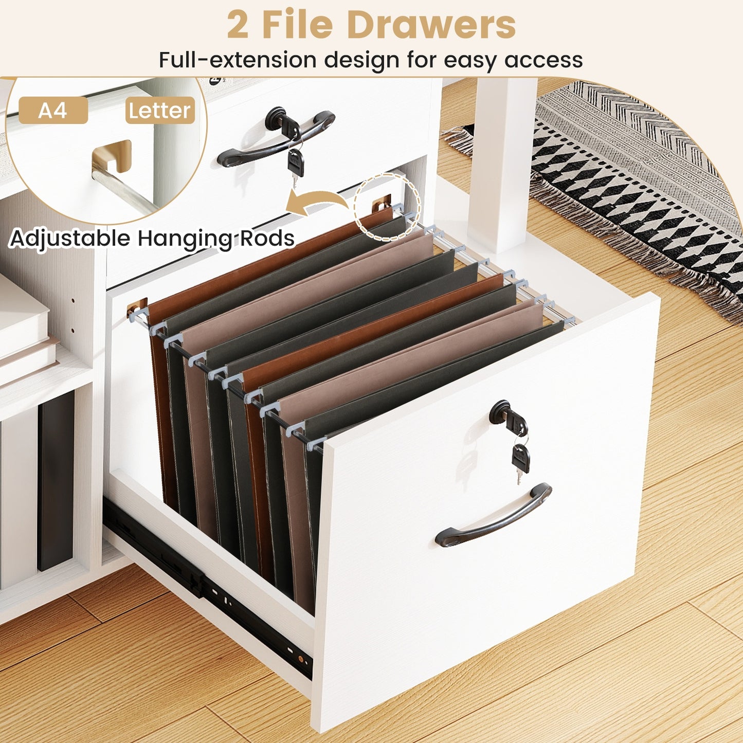 File Cabinet with Lock Mobile Lateral Filing Storage Organizer Modern Rolling Printer Stand, White File Cabinets at Gallery Canada