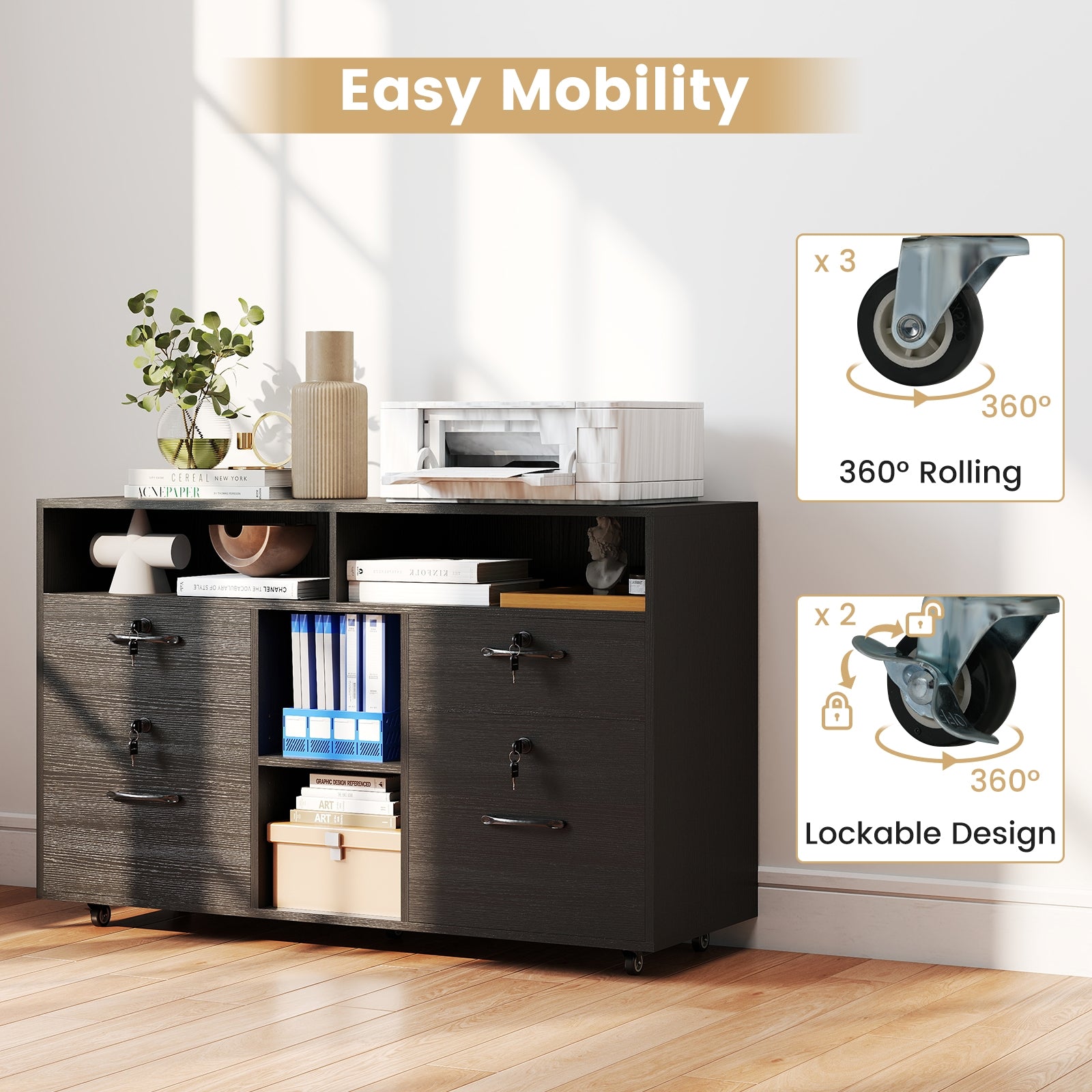 File Cabinet with Lock Mobile Lateral Filing Storage Organizer Modern Rolling Printer Stand, Black File Cabinets at Gallery Canada