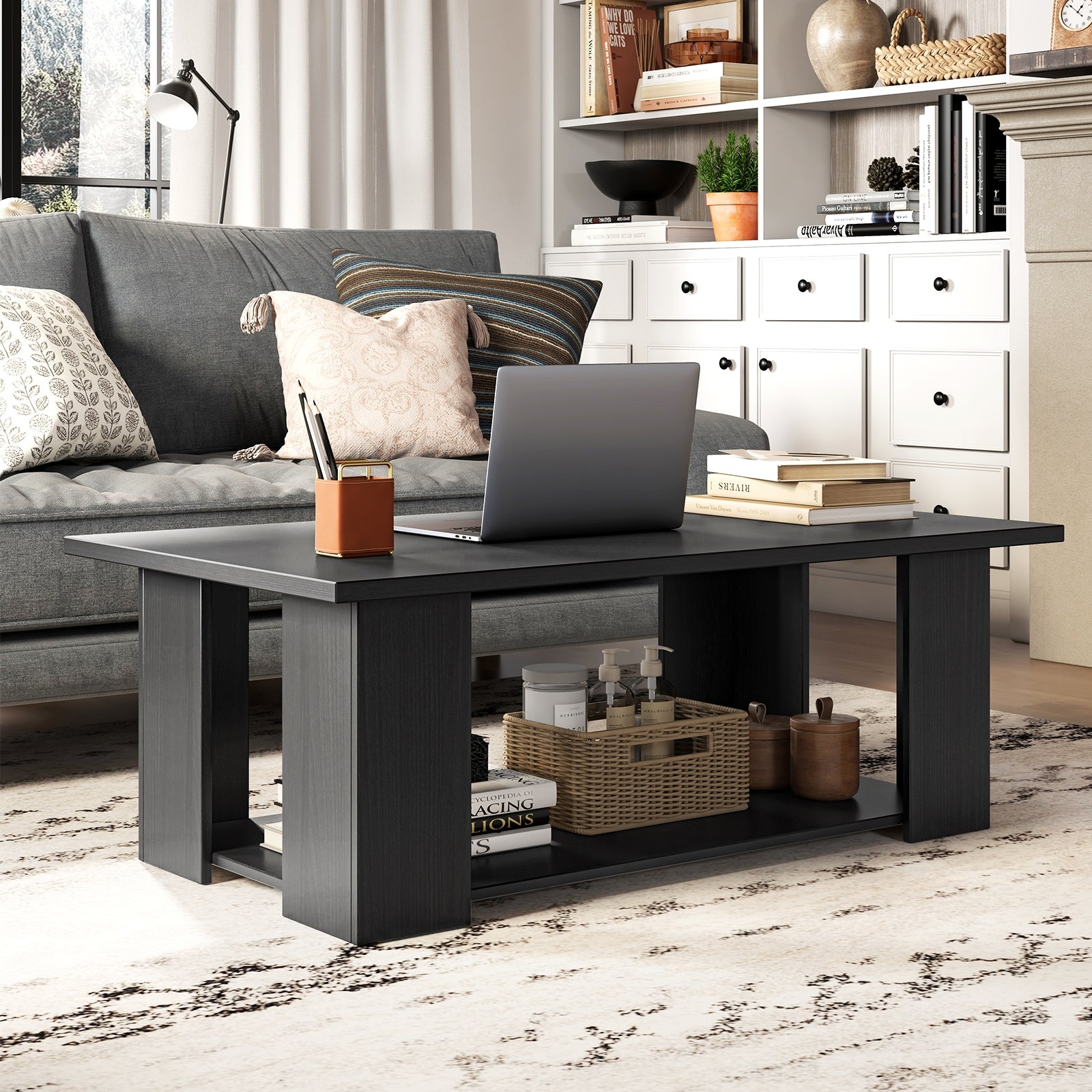 Large 36/41 Inch 2-tier Wooden Modern Coffee Table with Storage Shelf, Black Coffee Tables at Gallery Canada