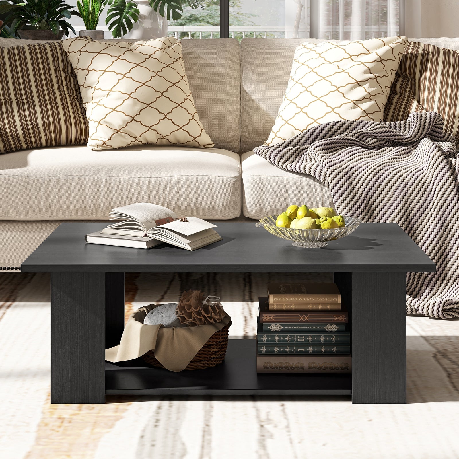 Large 36/41 Inch 2-tier Wooden Modern Coffee Table with Storage Shelf, Black Coffee Tables at Gallery Canada