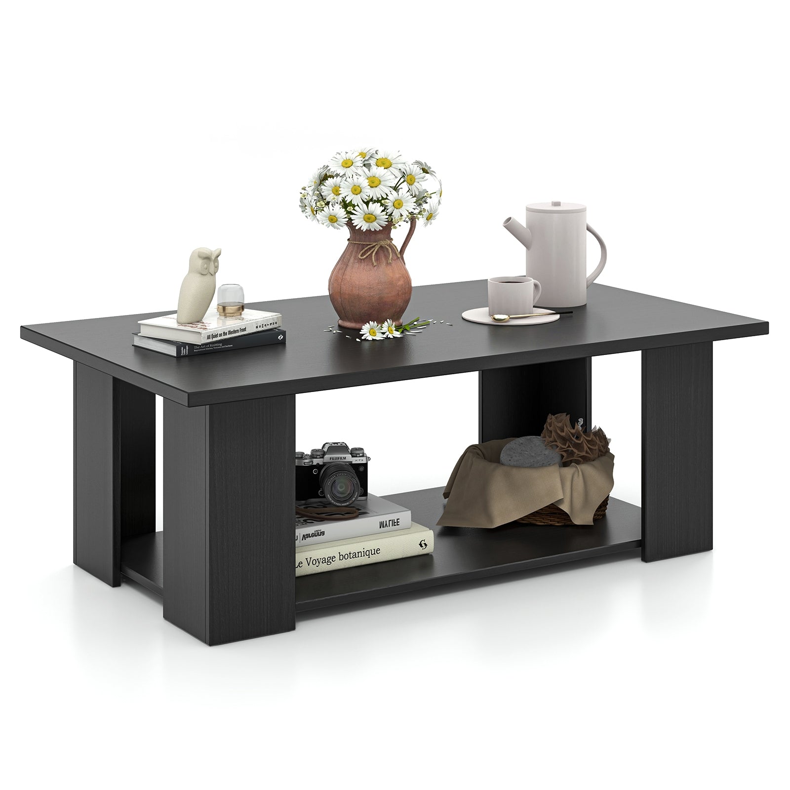 Large 36/41 Inch 2-tier Wooden Modern Coffee Table with Storage Shelf, Black Coffee Tables at Gallery Canada