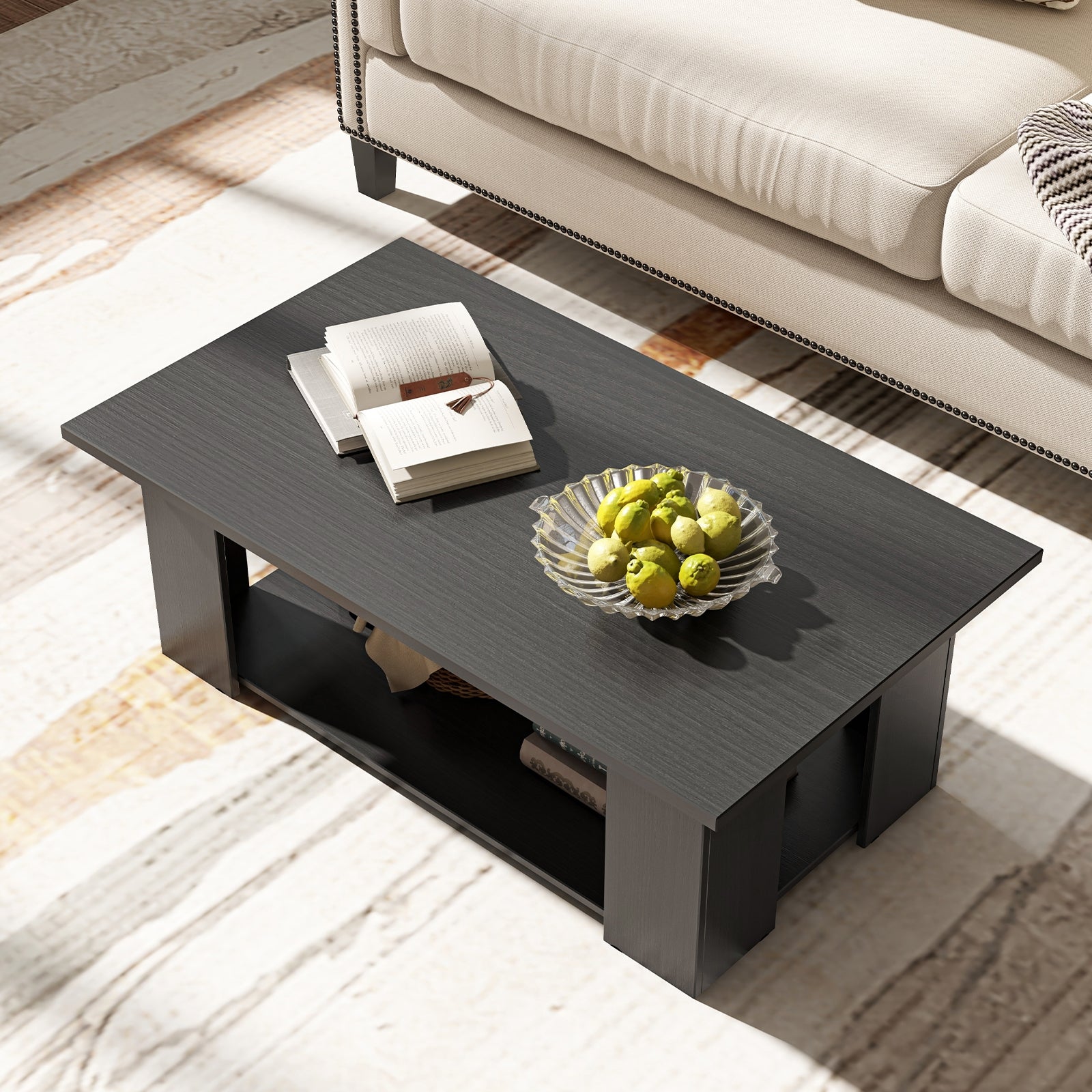 Large 36/41 Inch 2-tier Wooden Modern Coffee Table with Storage Shelf, Black Coffee Tables at Gallery Canada