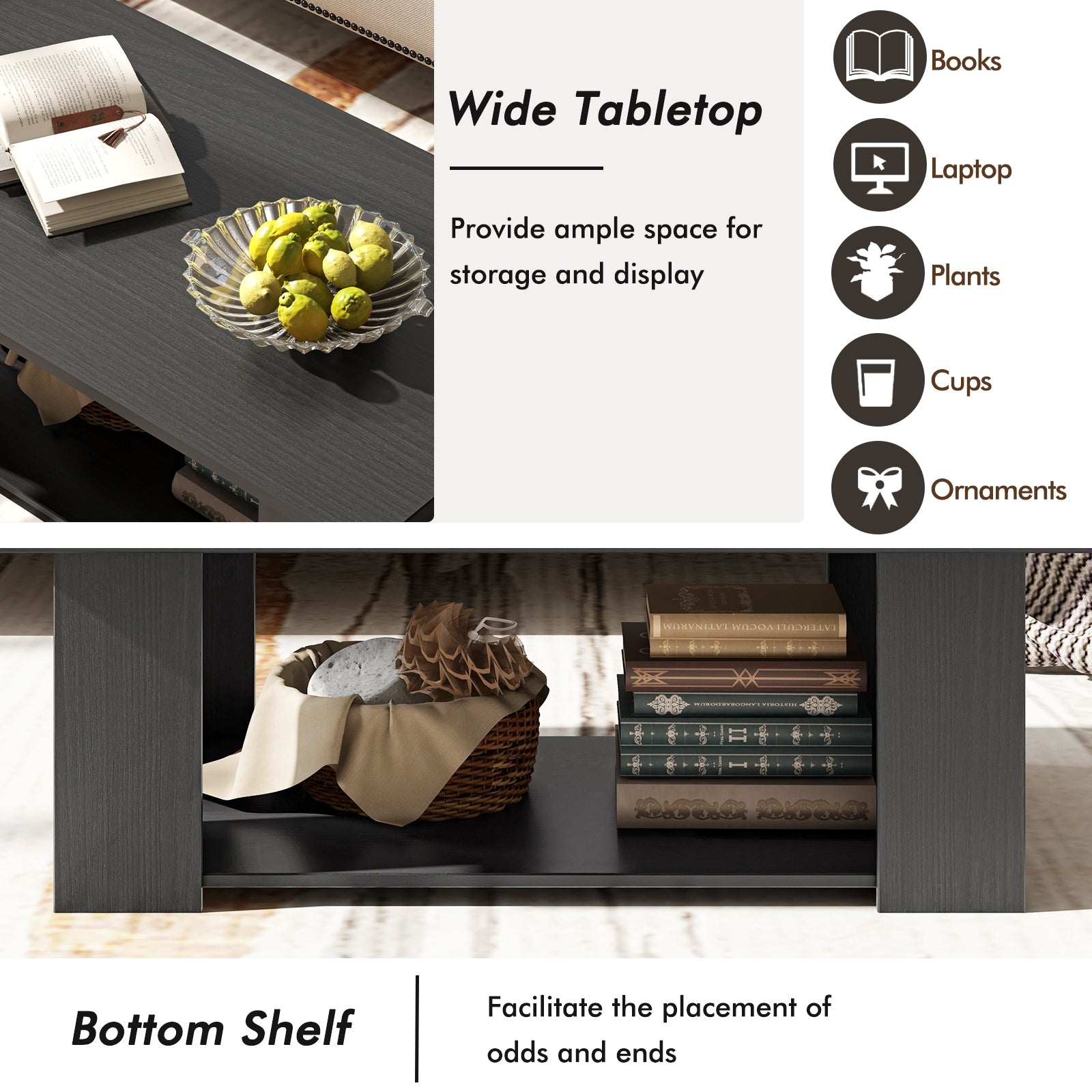 Large 36/41 Inch 2-tier Wooden Modern Coffee Table with Storage Shelf, Black Coffee Tables at Gallery Canada