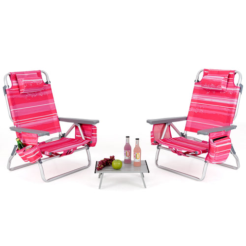 2 Packs 5-Position Outdoor Folding Backpack Beach Table Chair Reclining Chair Set, Pink