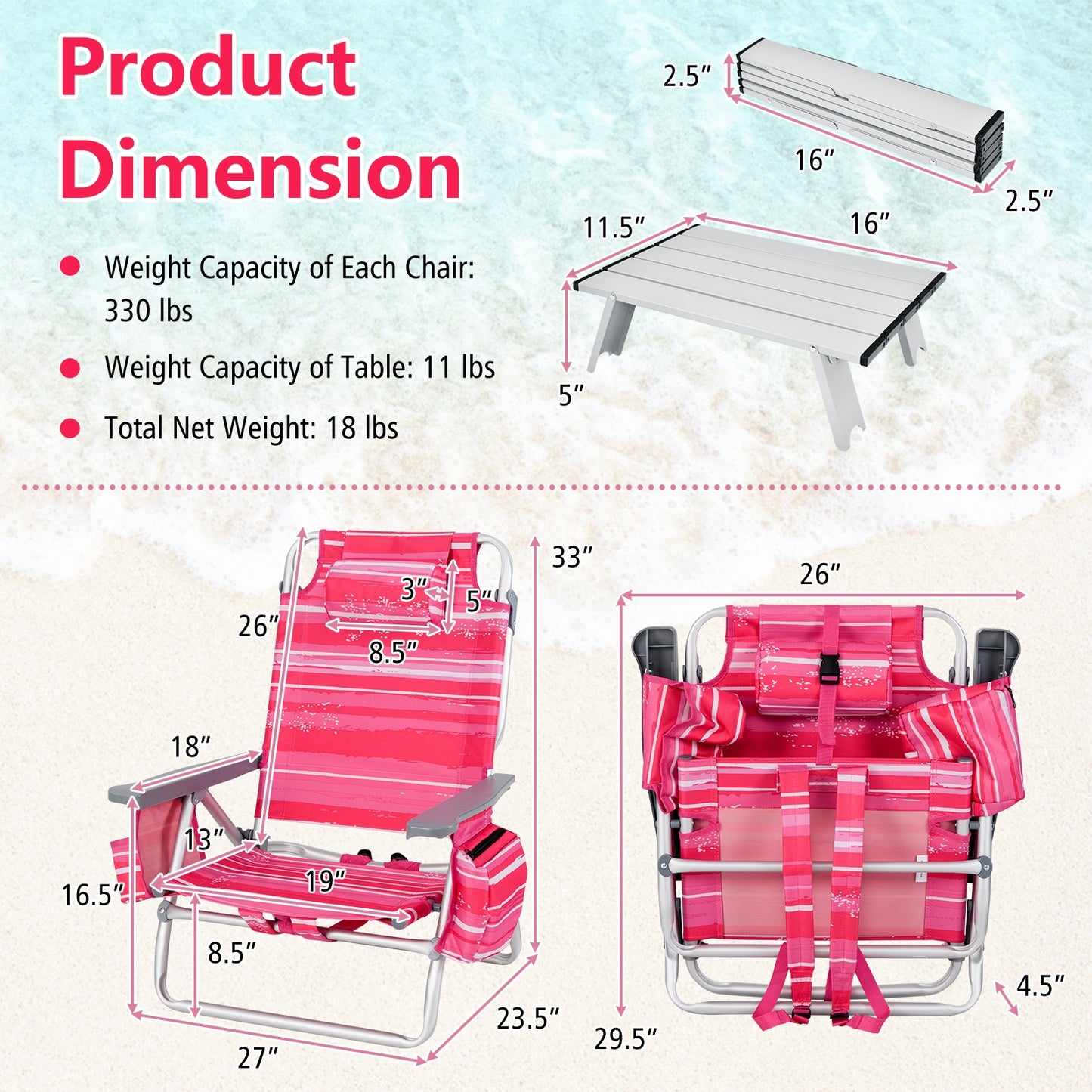 2 Packs 5-Position Outdoor Folding Backpack Beach Table Chair Reclining Chair Set, Pink Beach & Lawn Chairs at Gallery Canada
