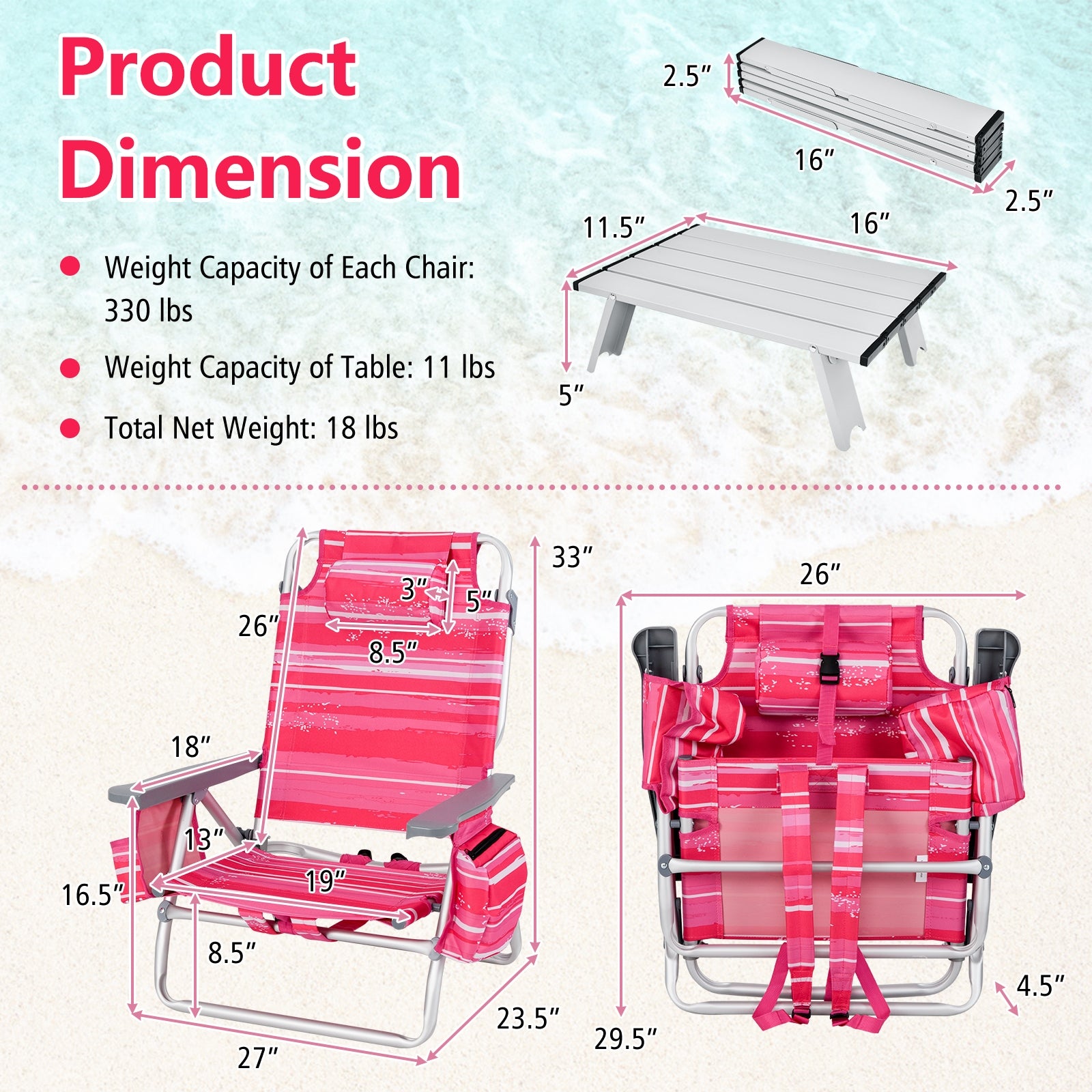 2 Packs 5-Position Outdoor Folding Backpack Beach Table Chair Reclining Chair Set, Pink Beach & Lawn Chairs at Gallery Canada