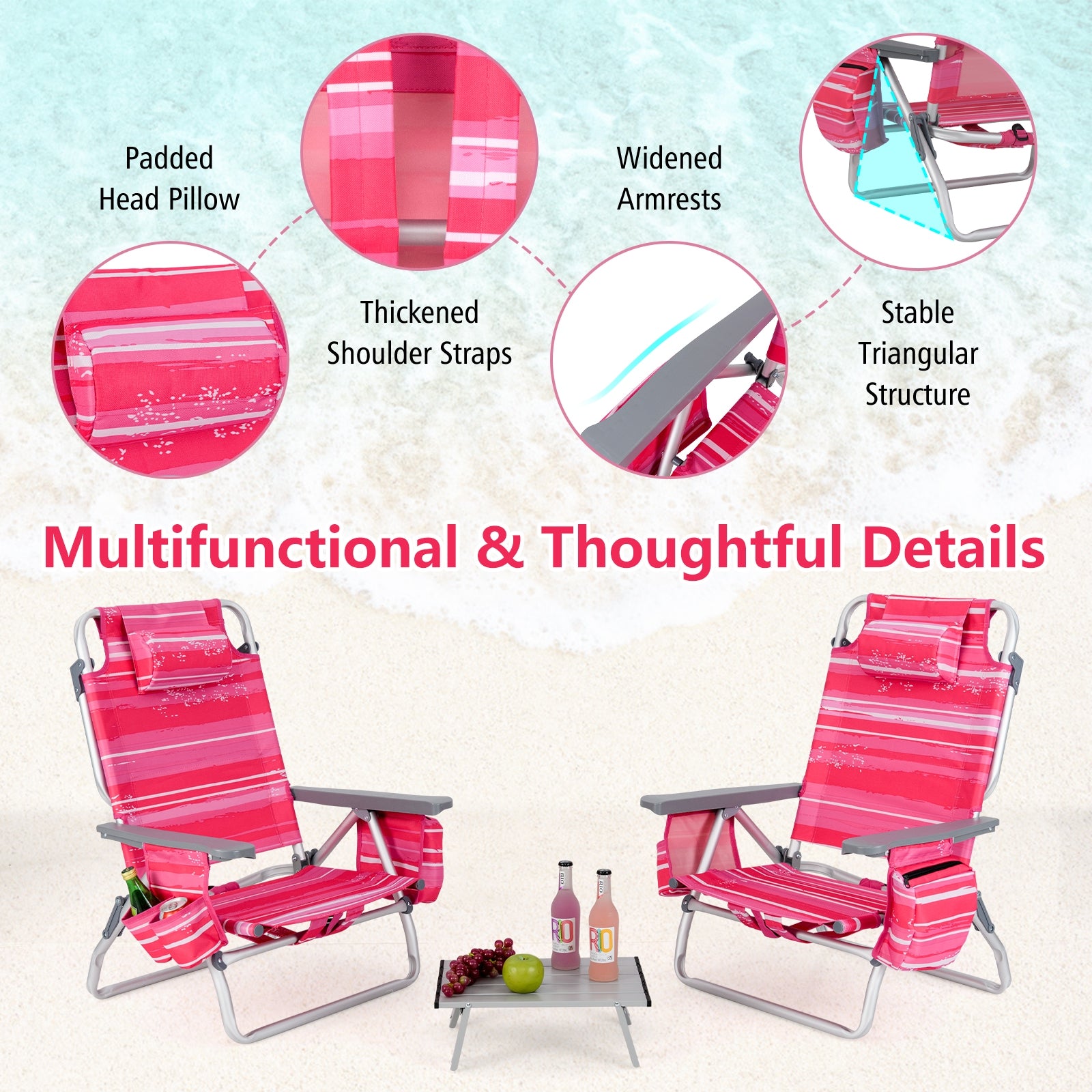 2 Packs 5-Position Outdoor Folding Backpack Beach Table Chair Reclining Chair Set, Pink Beach & Lawn Chairs at Gallery Canada