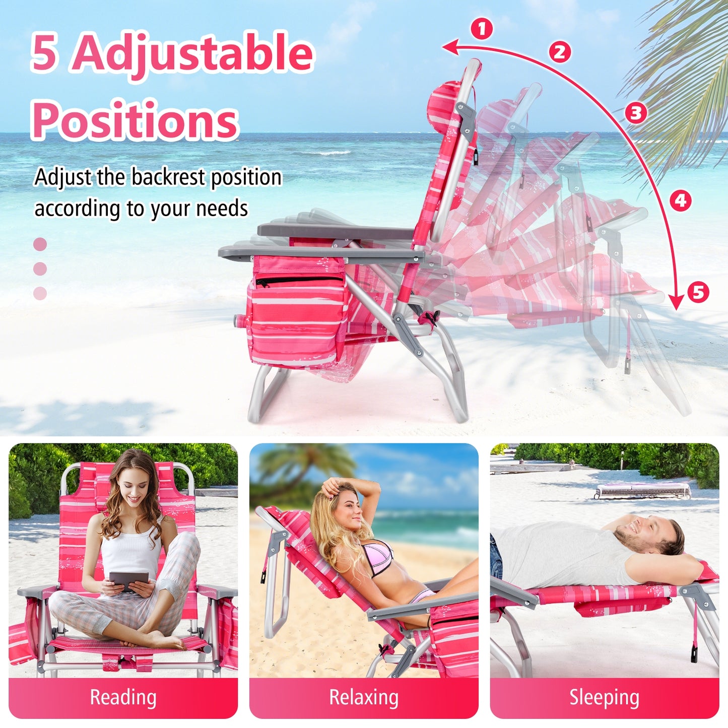 2 Packs 5-Position Outdoor Folding Backpack Beach Table Chair Reclining Chair Set, Pink Beach & Lawn Chairs at Gallery Canada