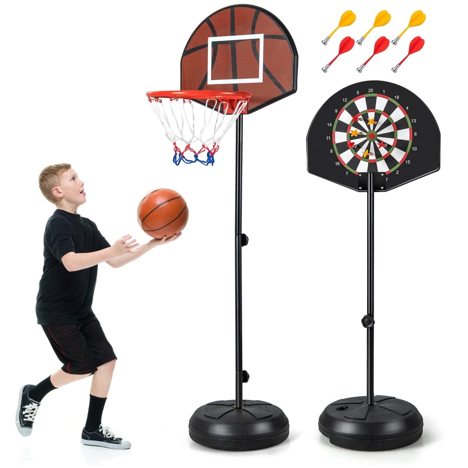 Height Adjustable Kids Basketball Hoop With Dart Board, Black Sport Equipments Black at Gallery Canada