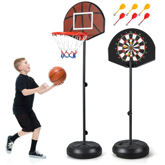 Height Adjustable Kids Basketball Hoop With Dart Board, Black