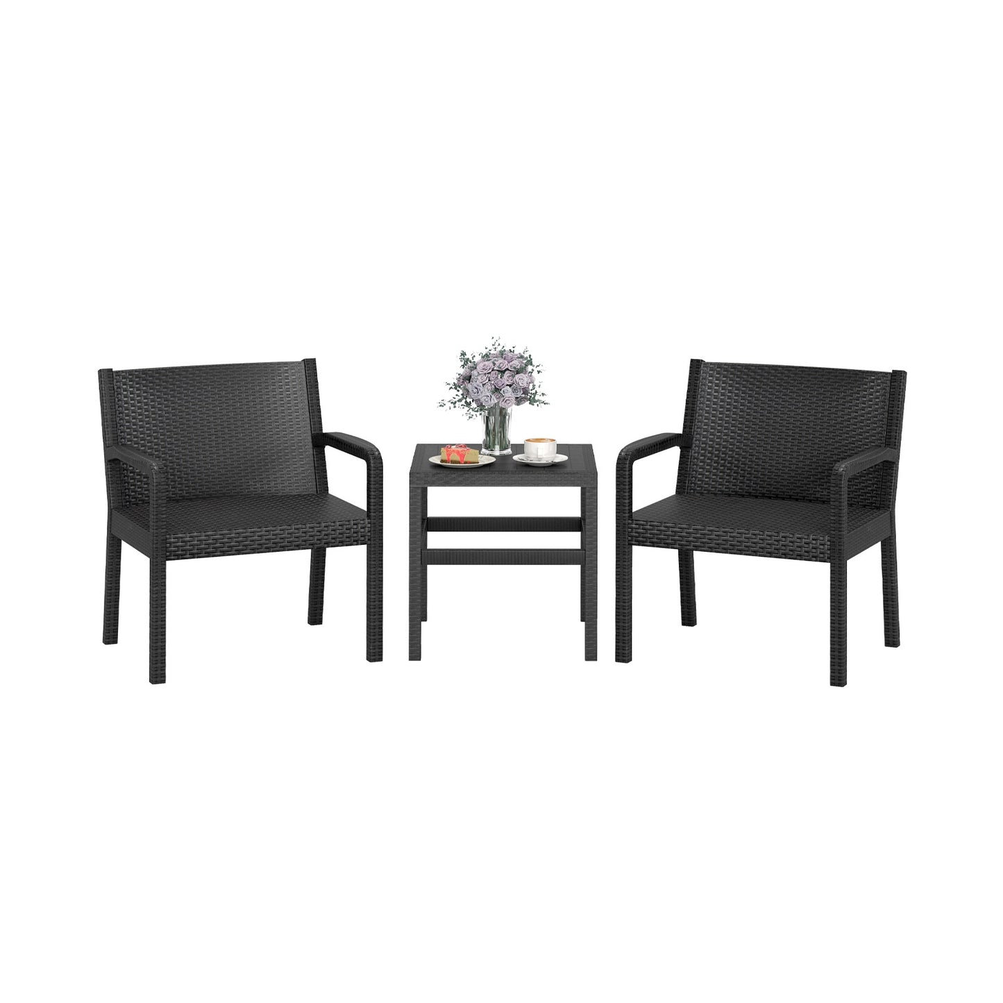 3 Piece Patio Furniture Set with 2 Modern Rattan Armchair and 25 Inch Squire Side Table, Black Patio Conversation Sets Black at Gallery Canada
