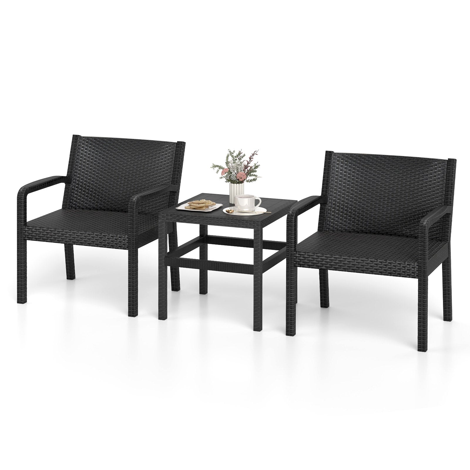 3 Piece Patio Furniture Set with 2 Modern Rattan Armchair and 25 Inch Squire Side Table, Black Patio Conversation Sets at Gallery Canada