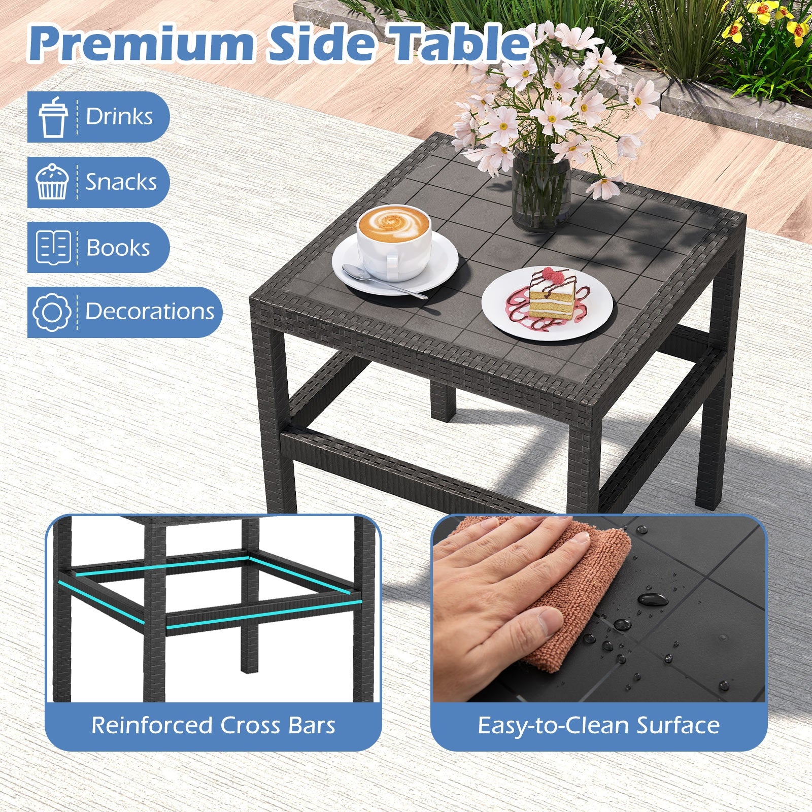 3 Piece Patio Furniture Set with 2 Modern Rattan Armchair and 25 Inch Squire Side Table, Black Patio Conversation Sets at Gallery Canada