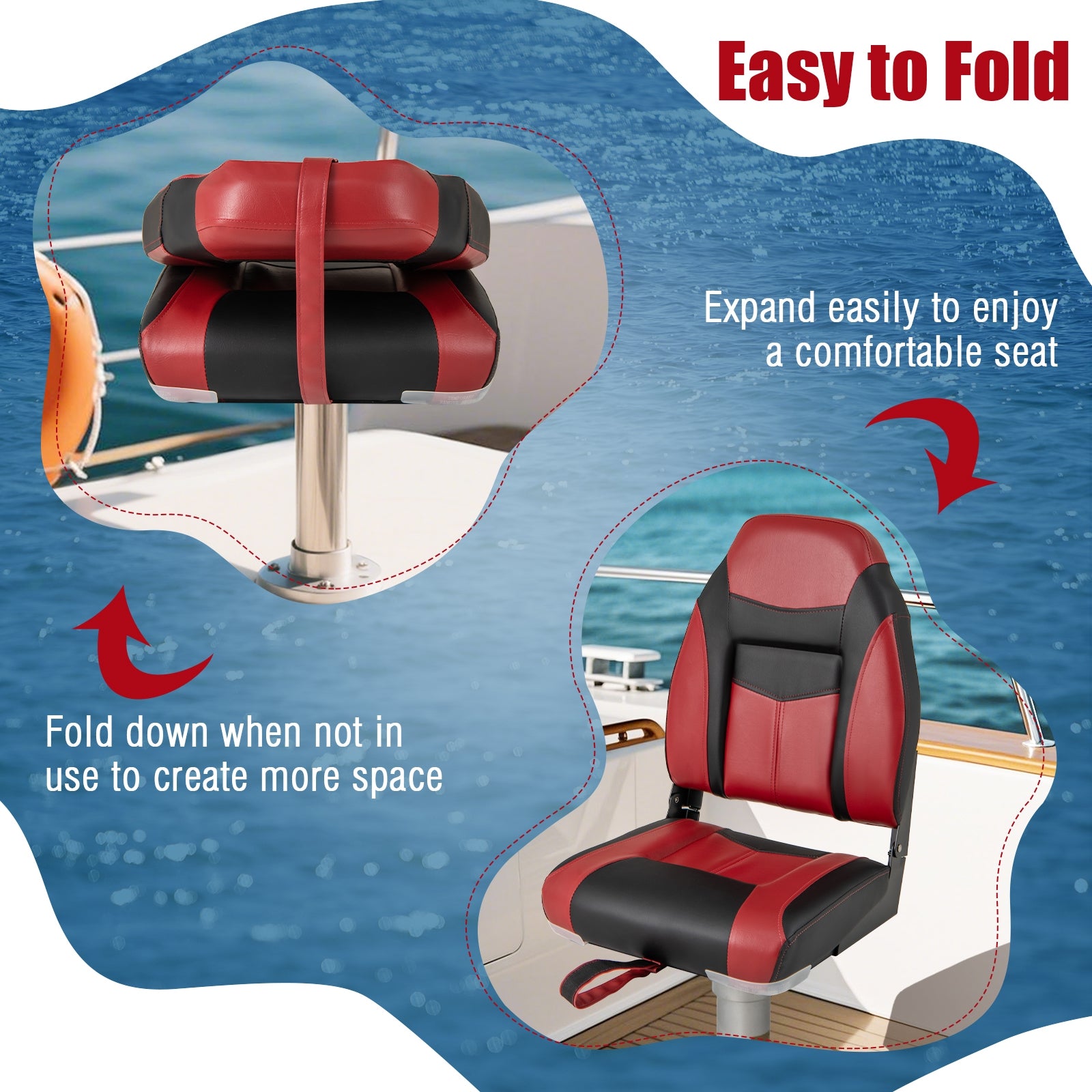 2 Pieces High Back Folding Boat Seat Set with Sponge Cushion, Red Water Sports at Gallery Canada
