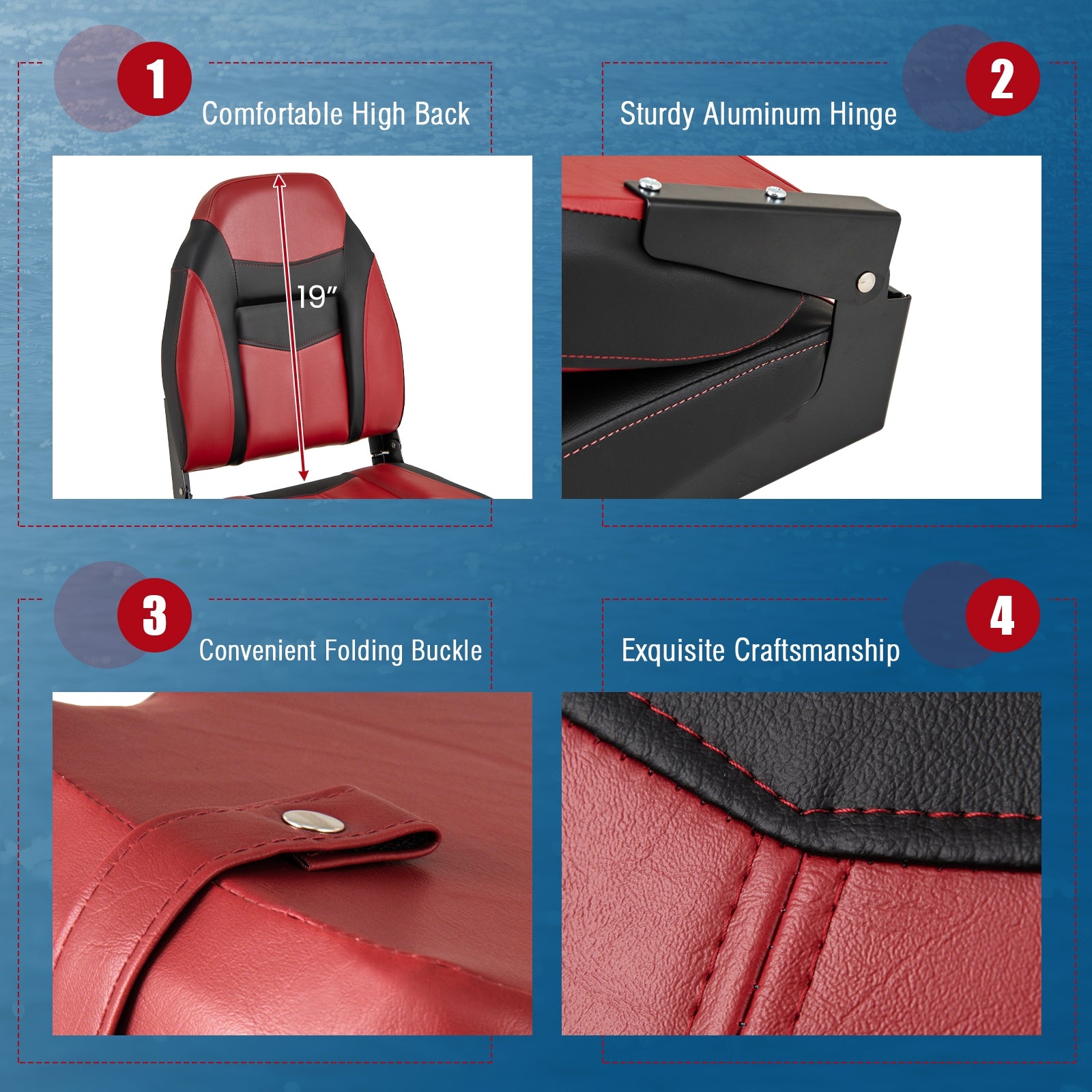 2 Pieces High Back Folding Boat Seat Set with Sponge Cushion, Red Water Sports at Gallery Canada