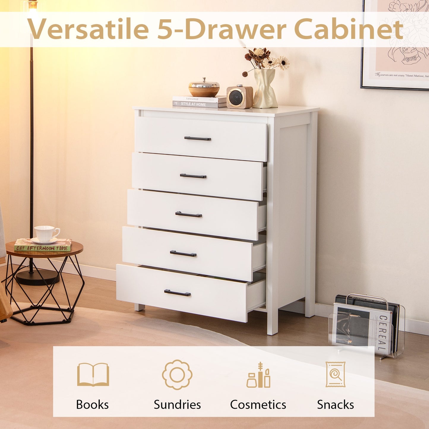 Modern 5-Drawer Multipurpose Chest Dresser with Metal Handles, White Dressers & Chests at Gallery Canada
