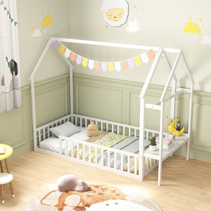 Twin House Floor Bed Montessori Bed Frame with Storage Shelf, White Toddler Beds at Gallery Canada