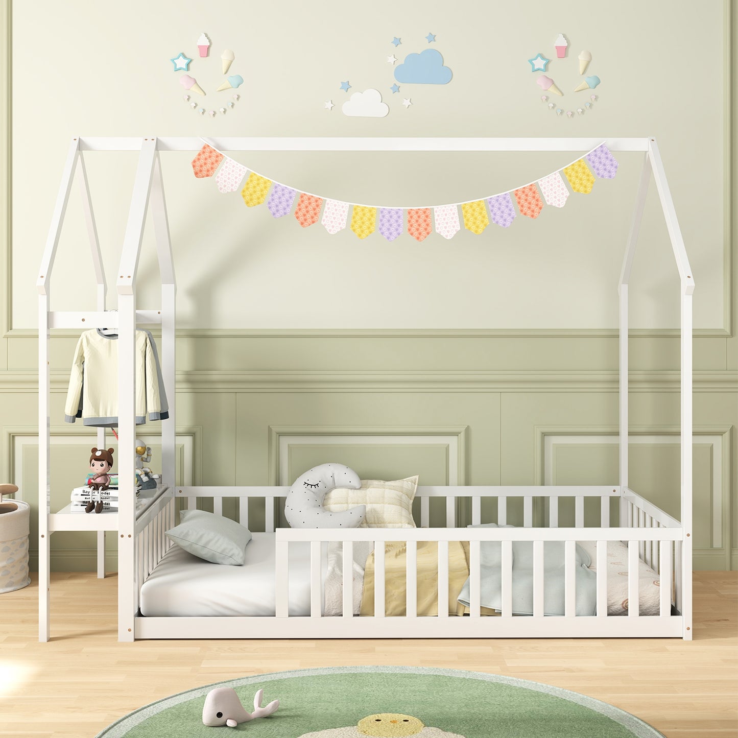 Twin House Floor Bed Montessori Bed Frame with Storage Shelf, White Toddler Beds at Gallery Canada