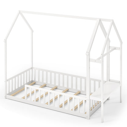 Twin House Floor Bed Montessori Bed Frame with Storage Shelf, White Toddler Beds White at Gallery Canada