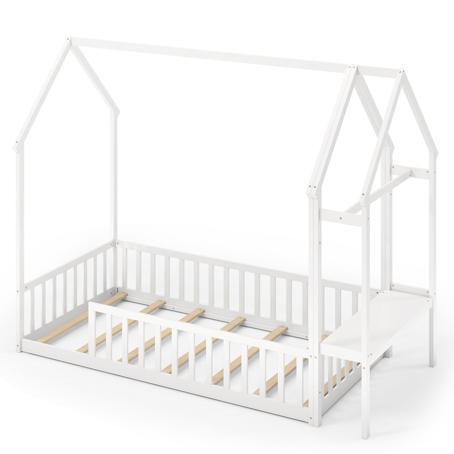 Twin House Floor Bed Montessori Bed Frame with Storage Shelf, White Toddler Beds at Gallery Canada