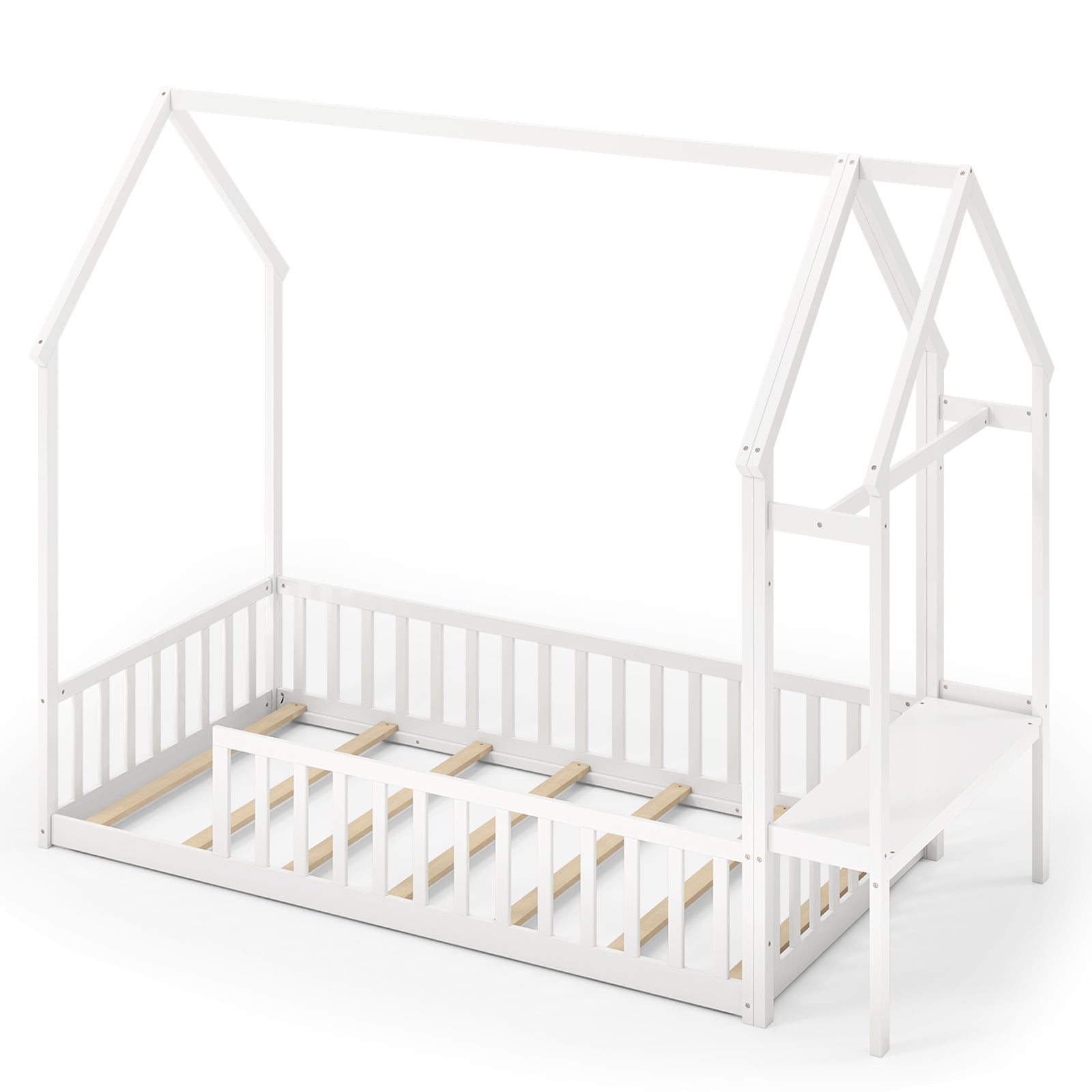 Twin House Floor Bed Montessori Bed Frame with Storage Shelf, White Toddler Beds at Gallery Canada