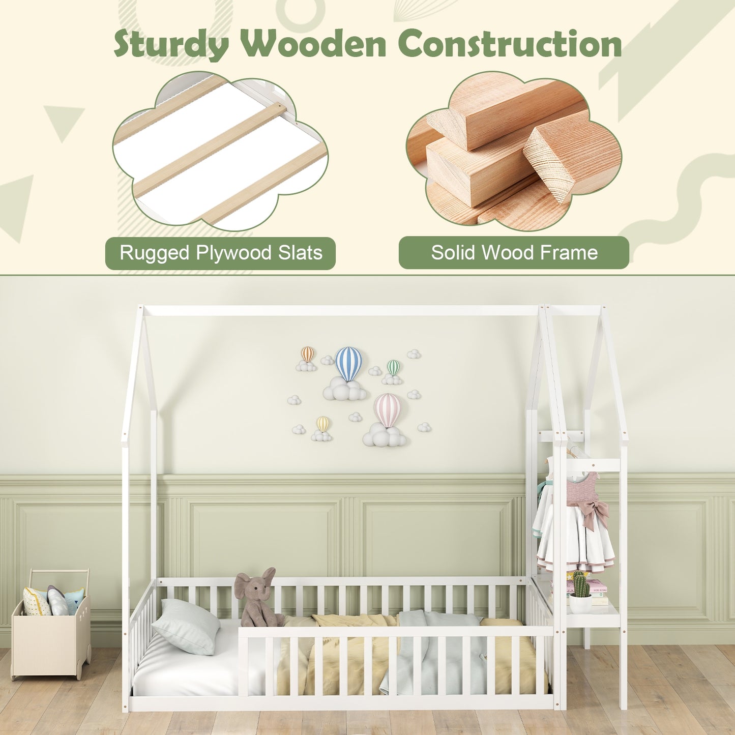 Twin House Floor Bed Montessori Bed Frame with Storage Shelf, White Toddler Beds at Gallery Canada