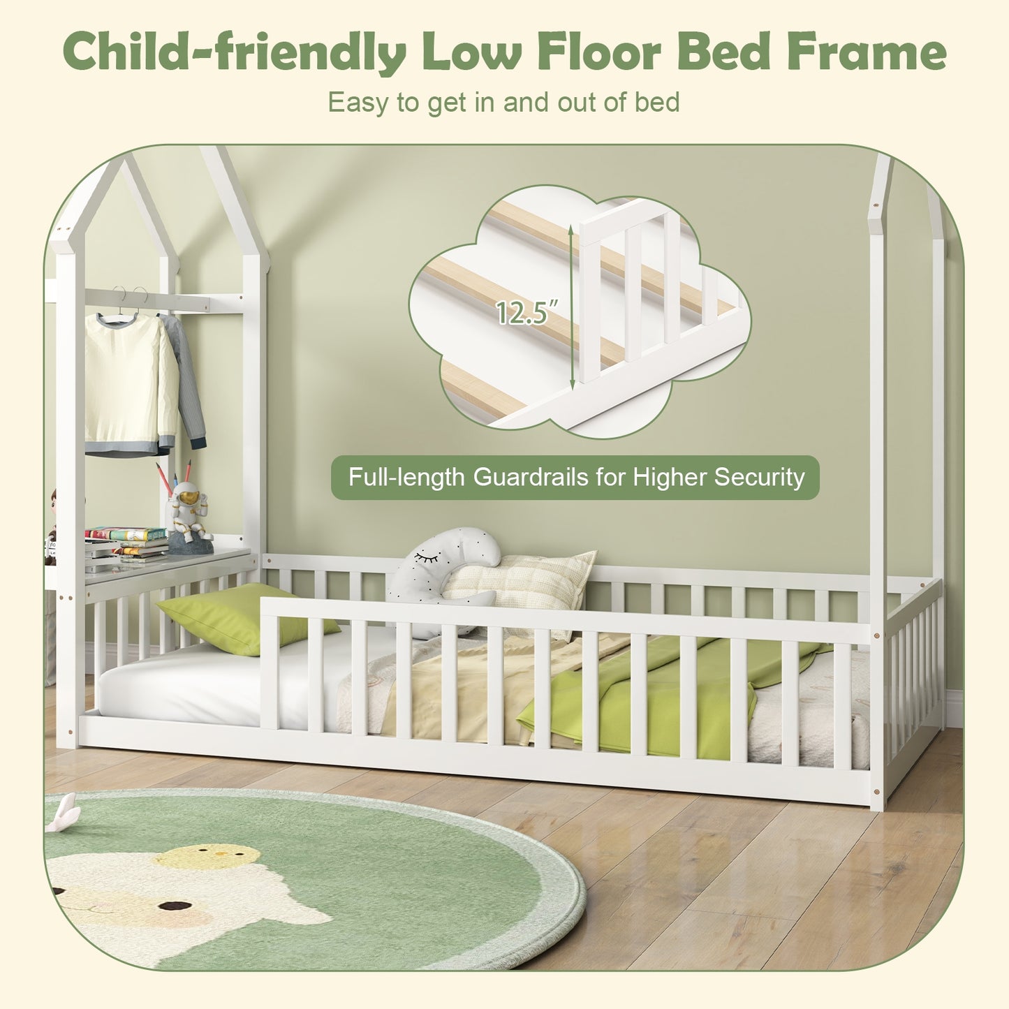 Twin House Floor Bed Montessori Bed Frame with Storage Shelf, White Toddler Beds at Gallery Canada