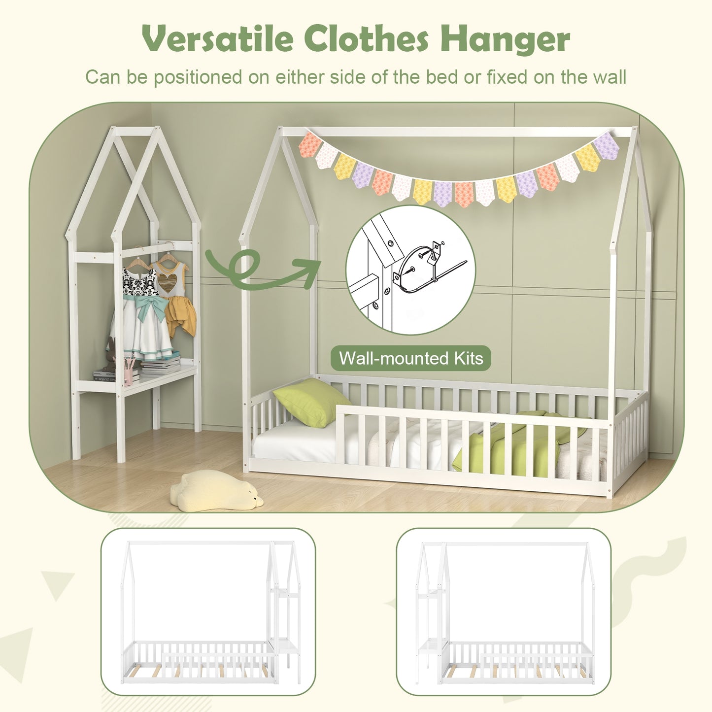 Twin House Floor Bed Montessori Bed Frame with Storage Shelf, White Toddler Beds at Gallery Canada