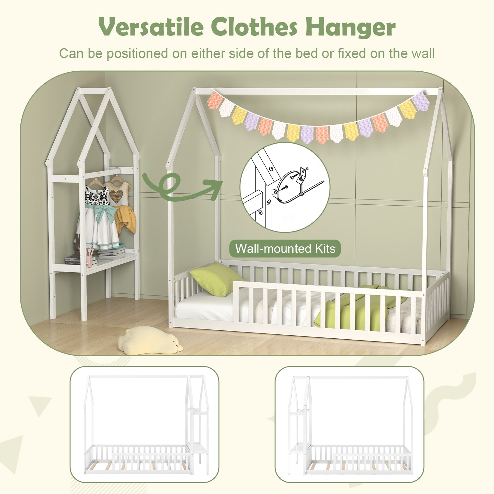 Twin House Floor Bed Montessori Bed Frame with Storage Shelf, White Toddler Beds at Gallery Canada