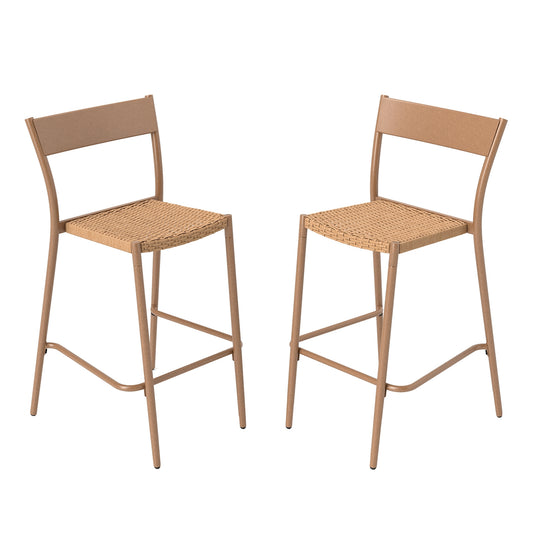 Patio Barstools Set of 2 with Rattan Seat and Metal Backrest, Light Brown Patio Dining Chairs Light Brown at Gallery Canada
