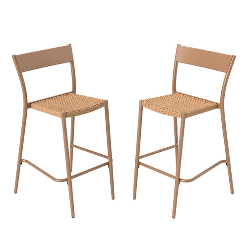 Patio Barstools Set of 2 with Rattan Seat and Metal Backrest, Light Brown