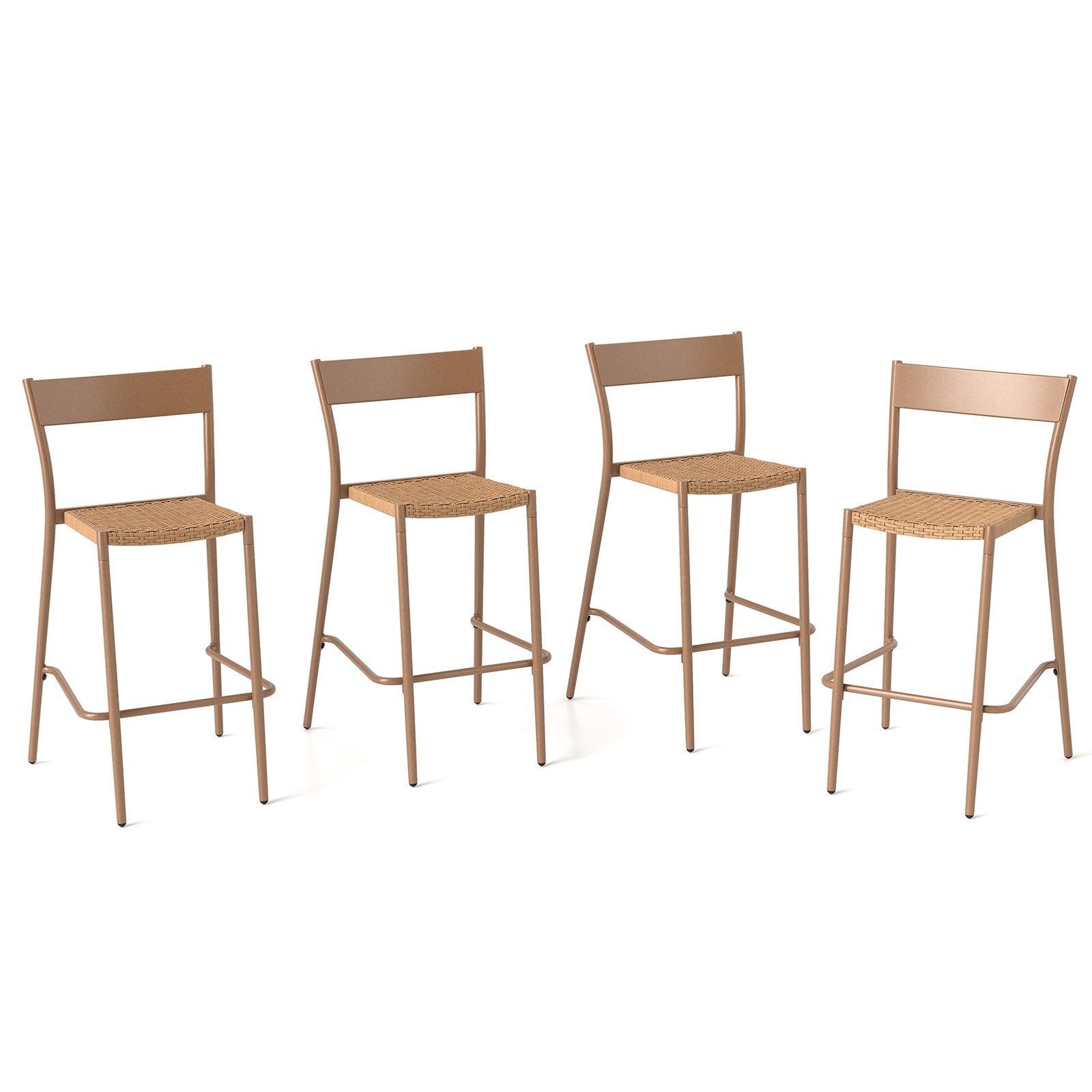 Patio Barstools Set of 4 with Rattan Seat and Metal Backrest, Light Brown Patio Dining Chairs Light Brown at Gallery Canada