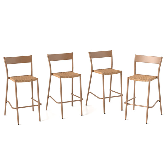 Patio Barstools Set of 4 with Rattan Seat and Metal Backrest, Light Brown Patio Dining Chairs Light Brown at Gallery Canada