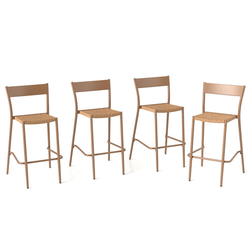 Patio Barstools Set of 4 with Rattan Seat and Metal Backrest, Light Brown