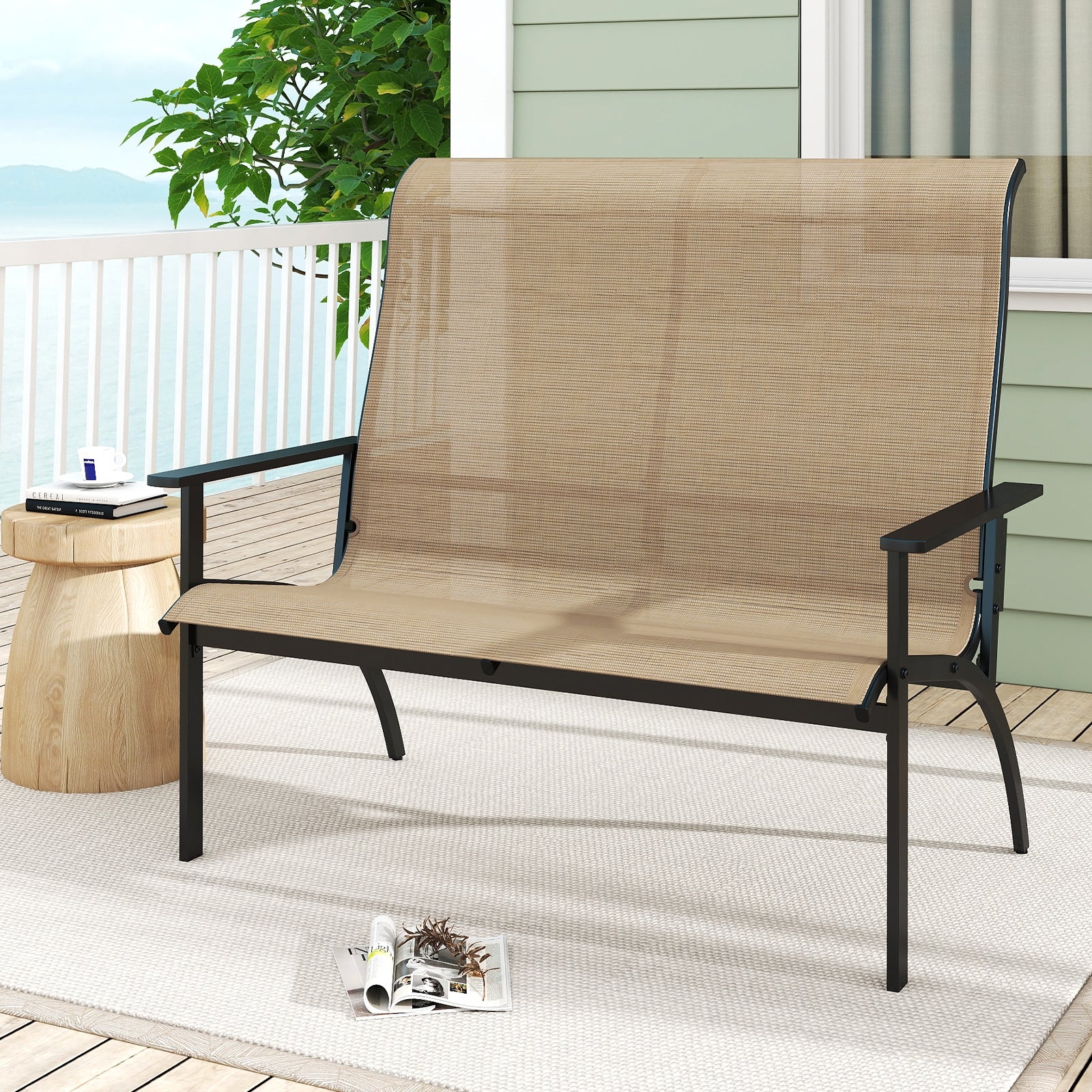 2-Person Patio Garden Bench with High Back and Armrests, Coffee Outdoor Benches at Gallery Canada