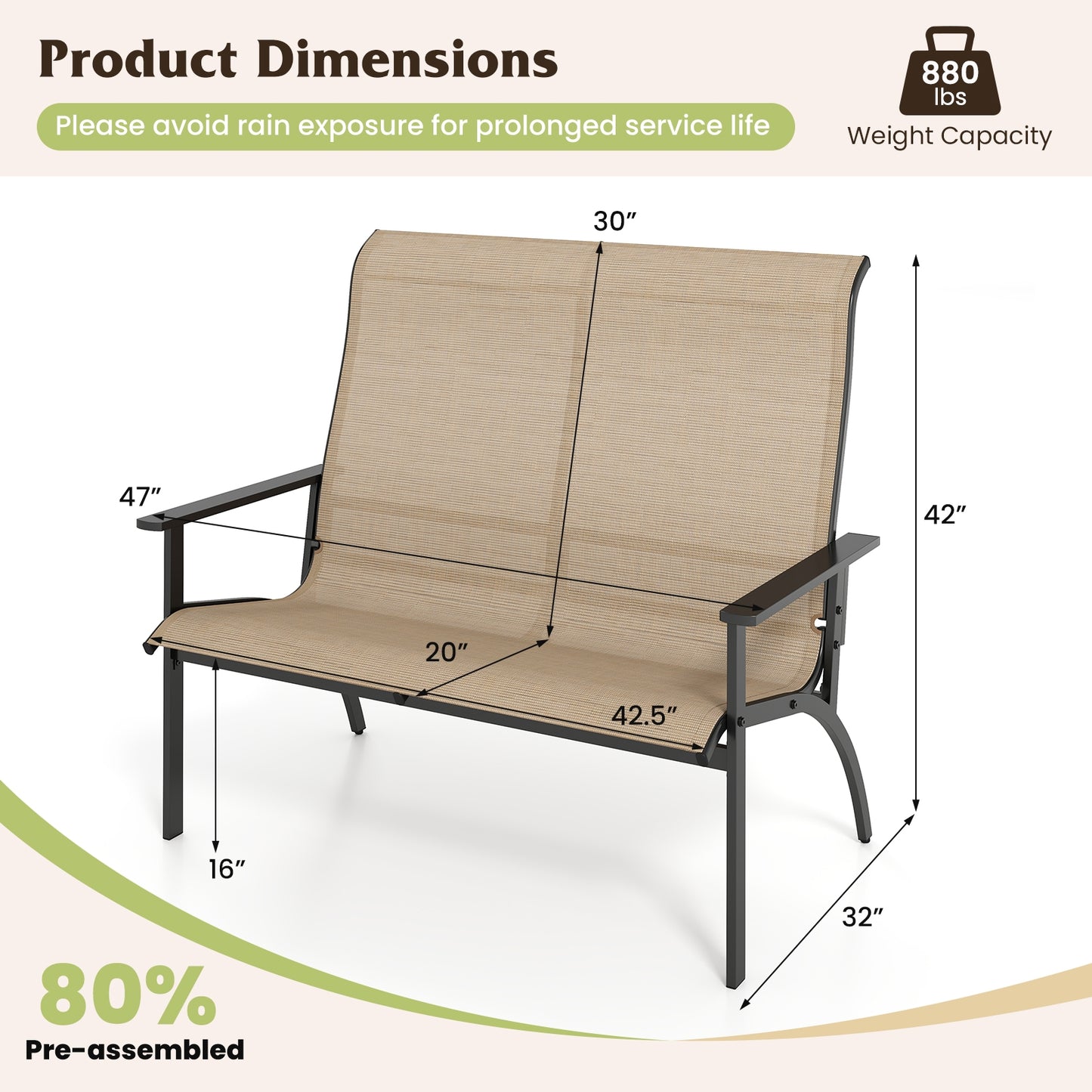 2-Person Patio Garden Bench with High Back and Armrests, Coffee Outdoor Benches at Gallery Canada