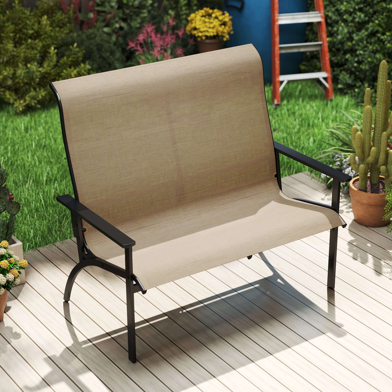 2-Person Patio Garden Bench with High Back and Armrests, Coffee Outdoor Benches at Gallery Canada
